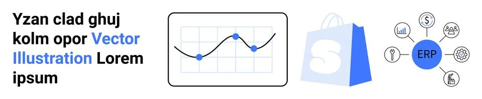 Business Analytics and ERP System Overview with Shopping Elements in Vector.. 스톡 일러스트