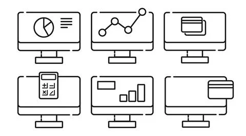 Business analytics and financial computer set Stock Illustration