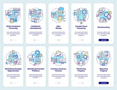 Business analytics and intelligence onboarding mobile app screen set Illustrazione stock