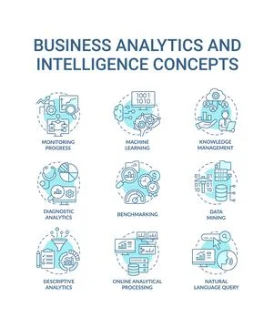 Business analytics and intelligence turquoise concept icons set Illustrazione stock