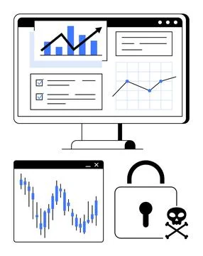 Business Analytics and Security Interface with Graphs, Charts, and Lock Symbol 스톡 일러스트