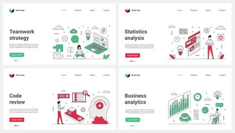Business analytics and statistics, code review, teamwork strategy set and tiny Stock Illustration