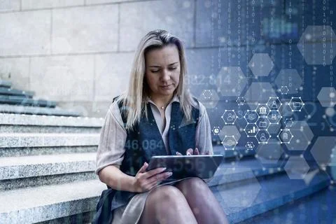 Business analytics and technology analysis concept. A manager uses a computer to Stock Photos