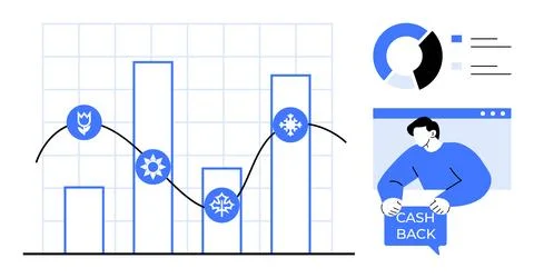Business Analytics with Bar Graphs Optimization and Cashback Icon 스톡 일러스트