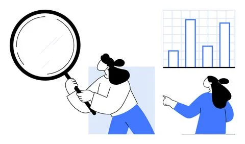 Business Analytics with Characters Using a Magnifying Glass and Bar Graphs イラスト素材