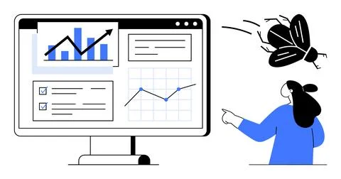 Business Analytics on Computer Screen with Woman and Bugs Design Illustrazione stock