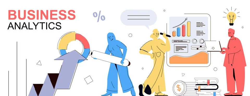 Business analytics concept in flat cartoon design for web banner. People an.. Stock Illustration
