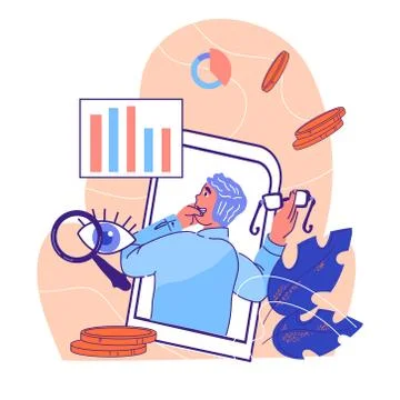 Business analytics concept with man studying diagrams vector illustration Stock Illustration