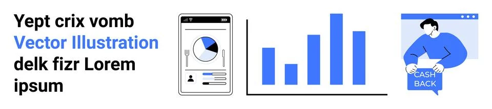 Business Analytics Dashboard, Bar Chart, and Cashback Notification Elements Stock Illustration
