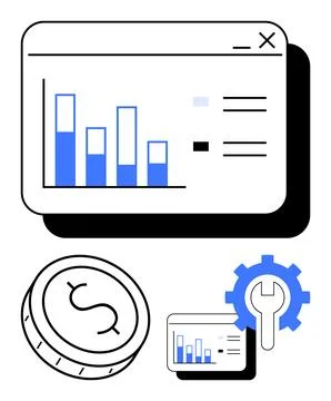 Business Analytics Dashboard, Bar Chart, Coin and Gear Element Highlighting.. 스톡 일러스트