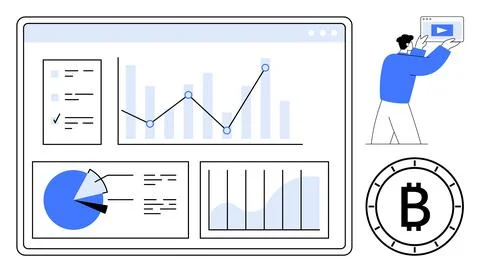 Business Analytics Dashboard with Bitcoin Chart and Man Holding a Tablet fo.. Illustrazione stock