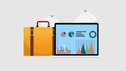 Business Analytics Dashboard with Briefcase and Financial Report on Laptop 库存影片 339781613