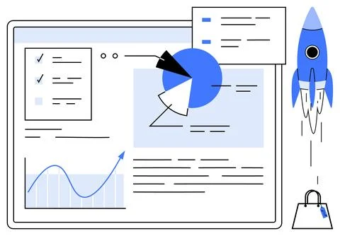 Business Analytics Dashboard with Charts, Data, and Rocket Growth and Progres Stock Illustration