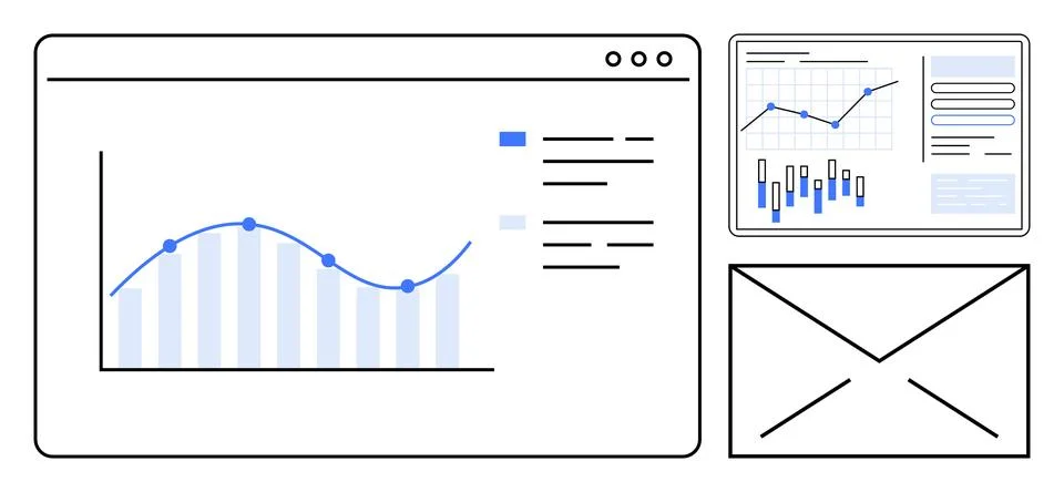 Business analytics dashboard containing graphs and data charts alongside an e Stock Illustration