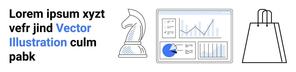 Business analytics dashboard displaying graphs and charts, a knight chess pie Illustrazione stock