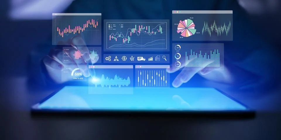 Business Analytics Dashboard Displaying Multiple Data Visualizations and Perf Foto stock