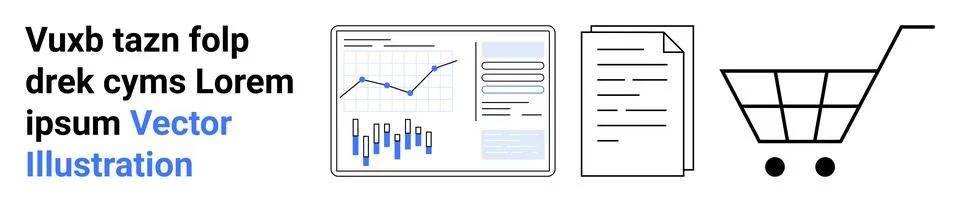 Business Analytics Dashboard, Document, and Shopping Cart with Text Elements Stockillustratie