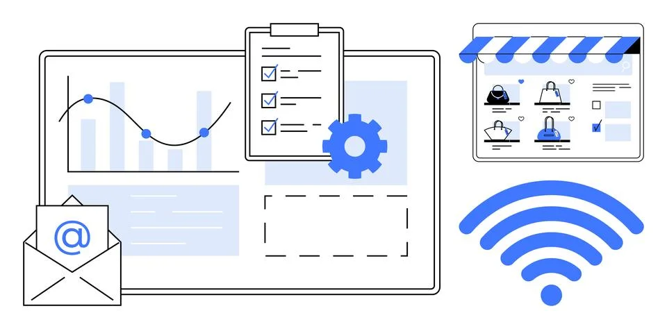 Business analytics dashboard with email, checklist, gear icon, website stor.. イラスト素材