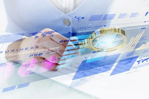Business Analytics Dashboard with Financial Data and Magnifying Glass Stock Illustration