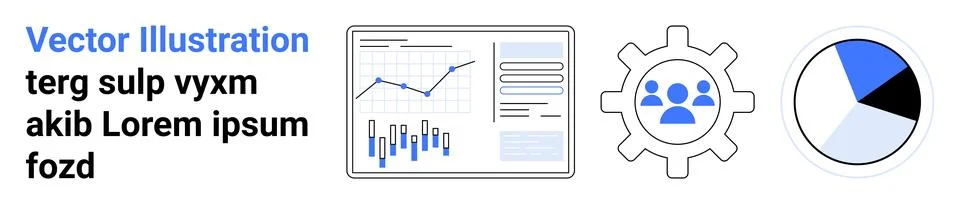 Business analytics dashboard with graph, settings gear, user management icon, Stock Illustration