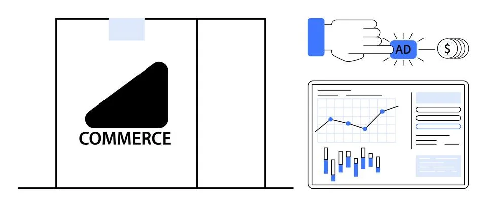 Business analytics dashboard with graphs and charts, hand clicking advertisem イラスト素材