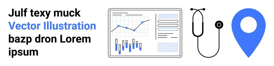 Business analytics dashboard with graphs, stethoscope, and blue location pin. 스톡 일러스트