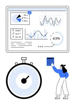Business Analytics Dashboard with Graphs, Stop Watch, and Woman Holding Cal.. イラスト素材