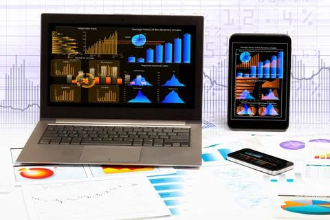 Business Analytics Dashboard on Laptop, Tablet, and Smartphone Stock Photos