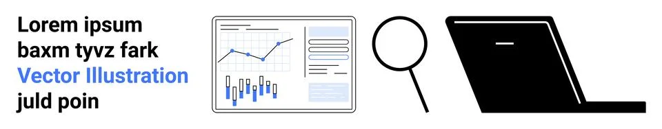 Business Analytics with Data Charts, Magnifying Glass, and Laptop Concept f.. Stock Illustration