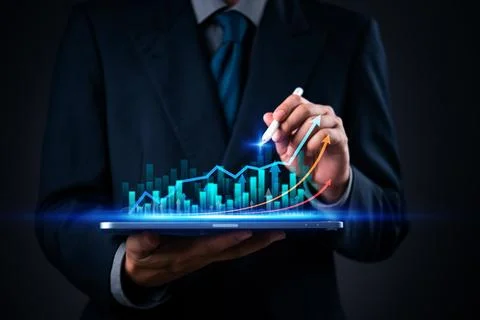 Business analytics with digital graph and growth chart on tablet for data v.. Foto stock