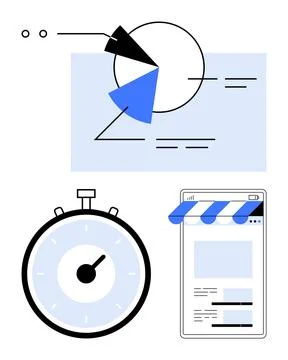 Business analytics elements including pie chart, stopwatch, webpage, ideal .. Stock Illustration