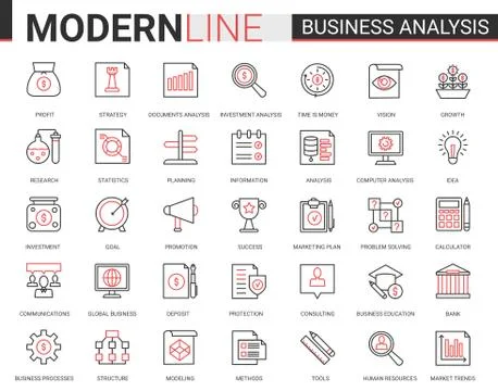 Business analytics flat thin red black line icons vector illustration set Stock Illustration