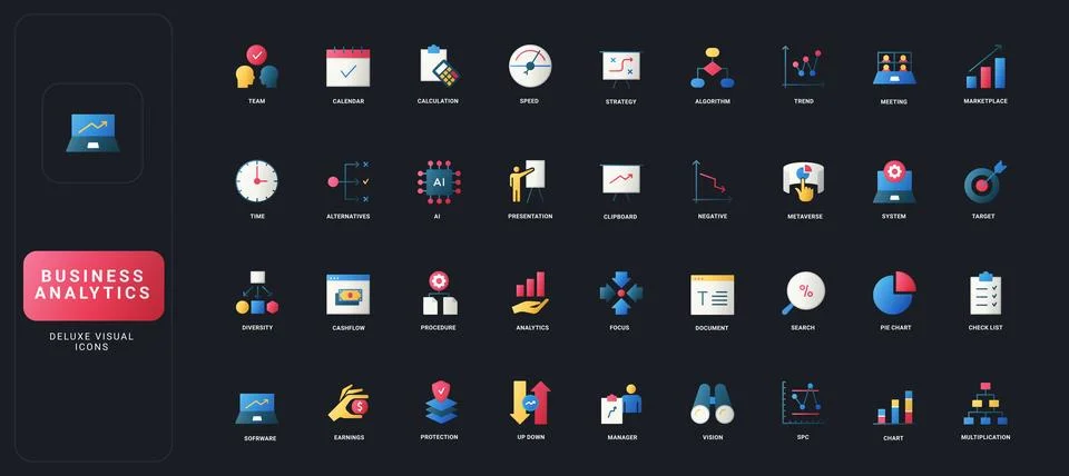 Business Analytics Gradient Flat Icon Set Collection 스톡 일러스트