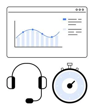 Business Analytics Growth Chart, Headset for Communication, and Timer Repre.. Stock Illustration