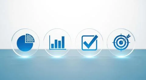 Business analytics icons pie chart bar graph checkmark target success growt.. Stock Illustration