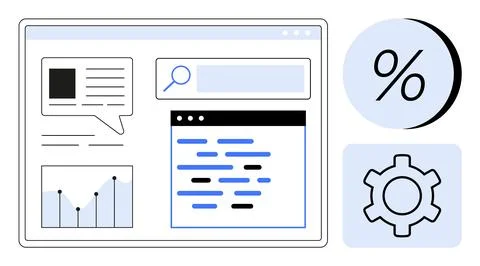 Business analytics interface with chat bubble, search bar, bar chart, coding  Stock-Illustration