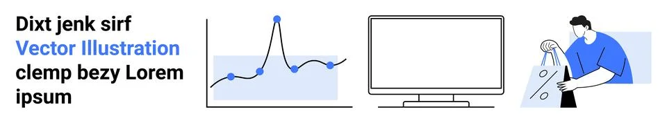 Business analytics with line graph, computer monitor, and a person working on Stock Illustration