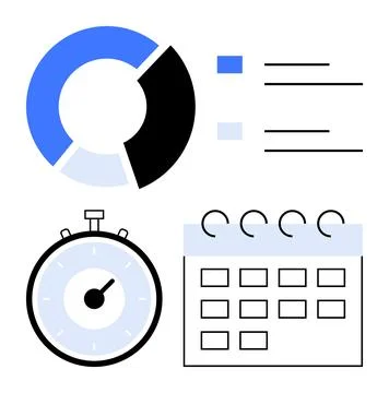 Business Analytics with Pie Chart, Stopwatch, and Calendar for Performance .. Stock Illustration