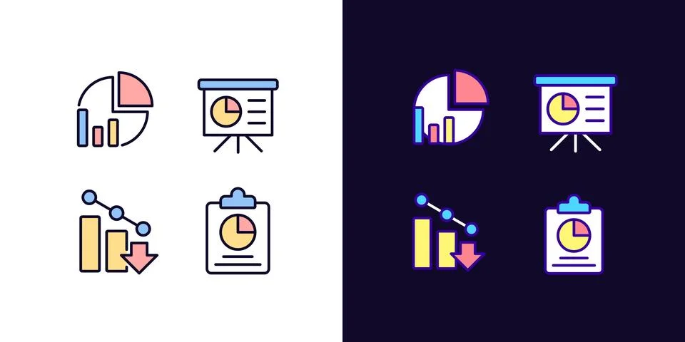 Business analytics pixel perfect light and dark theme color icons set Stock Illustration