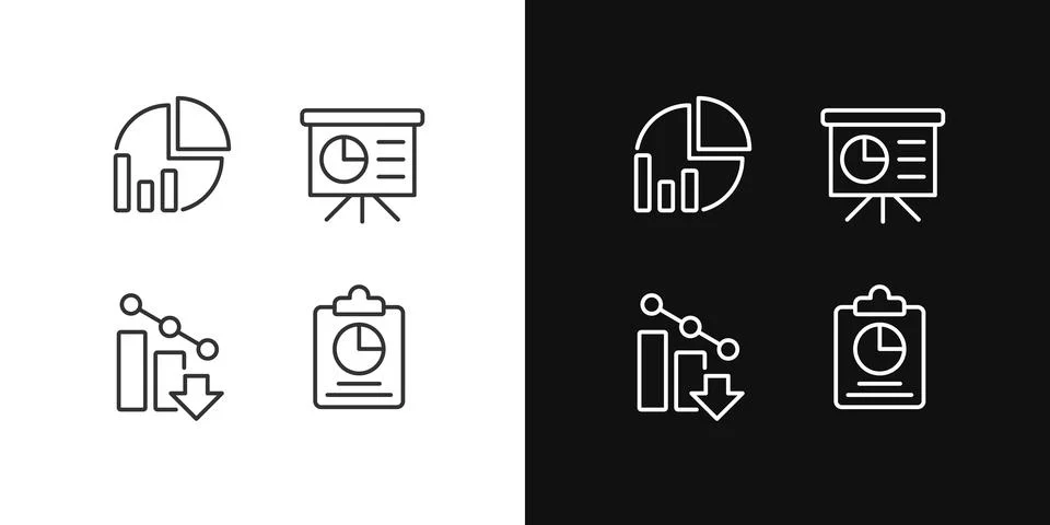 Business analytics pixel perfect linear icons set for dark, light mode Stock Illustration