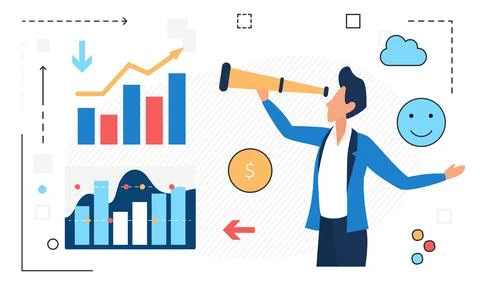 Business analytics process, finance strategy, businessman with telescope 스톡 일러스트