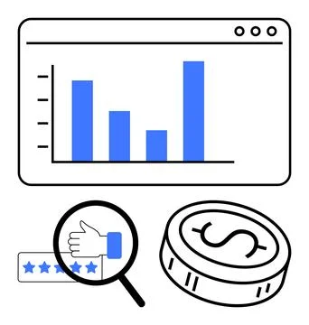 Business analytics report with bar chart, customer feedback magnified, and .. Illustrazione stock