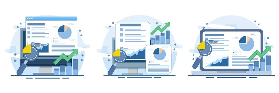 Business analytics report set with analyzing data, financial growth charts. Stock Illustration