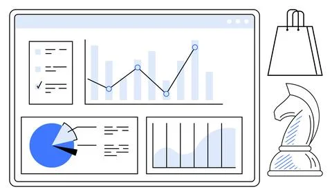 Business analytics screen displaying line graphs, pie charts, and bar charts  Illustrazione stock