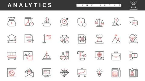 Business analytics service, thin red and black line icons set, information イラスト素材