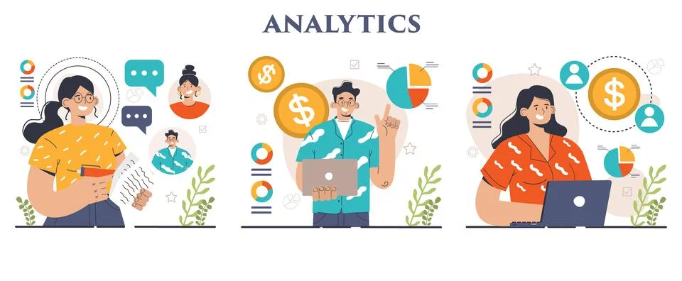 Business analytics set. Data examination and strategy development Illustrazione stock