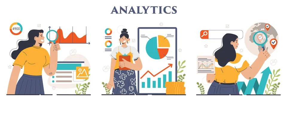 Business analytics set. Data examination and strategy development Stock Illustration