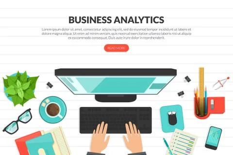 Business Analytics, Top View of Workplace with Computer and Typing Hands, Remote Stock Illustration
