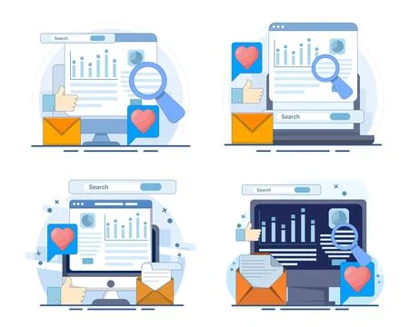 Business analytics vector illustration set featuring data analysis software Ilustração Stock