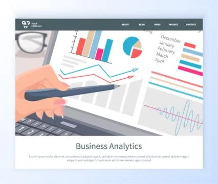 Business Analytics Web, Chart in Laptop Vector 스톡 일러스트